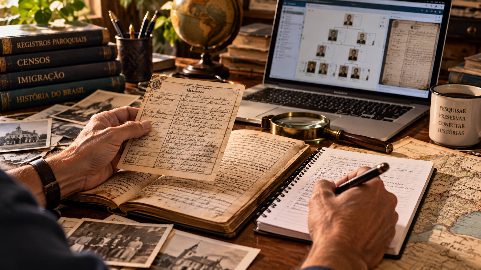 Pesquisa genealógica com registro histórico nas mãos, livro documental aberto, anotações, lupa e computador.
