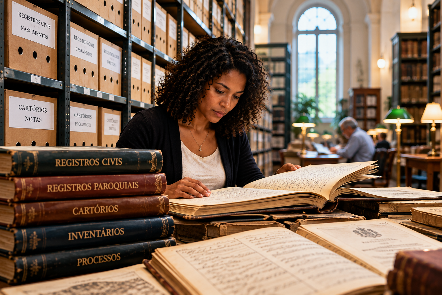 Pesquisadora consultando um livro de registros em um arquivo histórico.