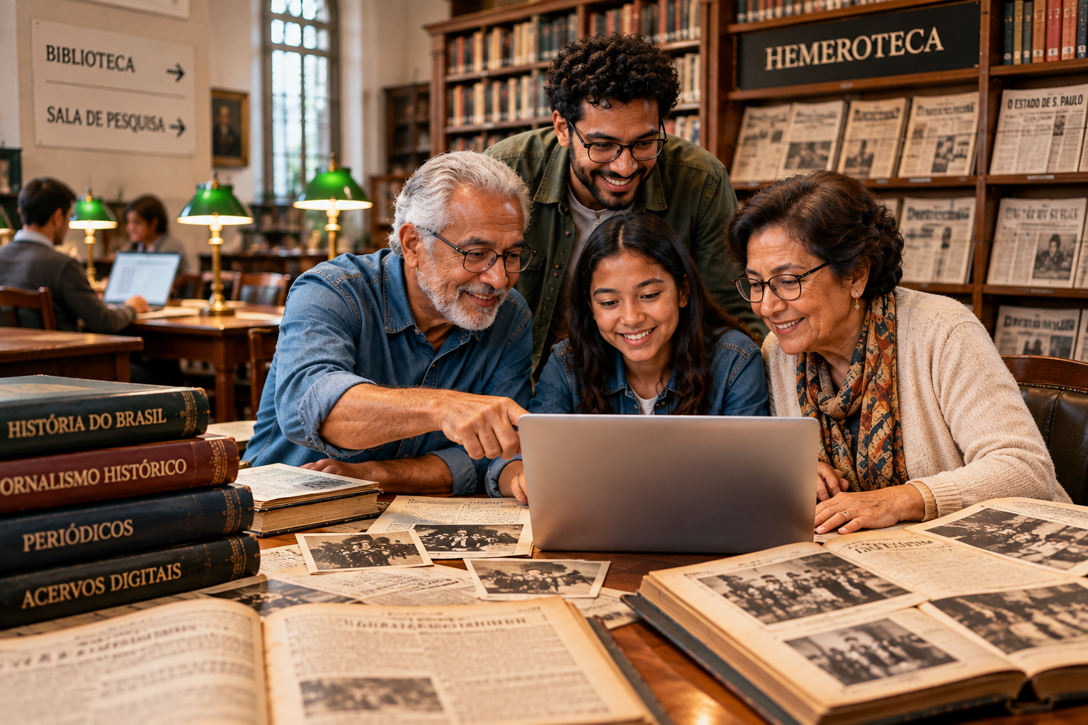 Grupo de diferentes gerações pesquisando entre livros, periódicos e recursos digitais em uma biblioteca.