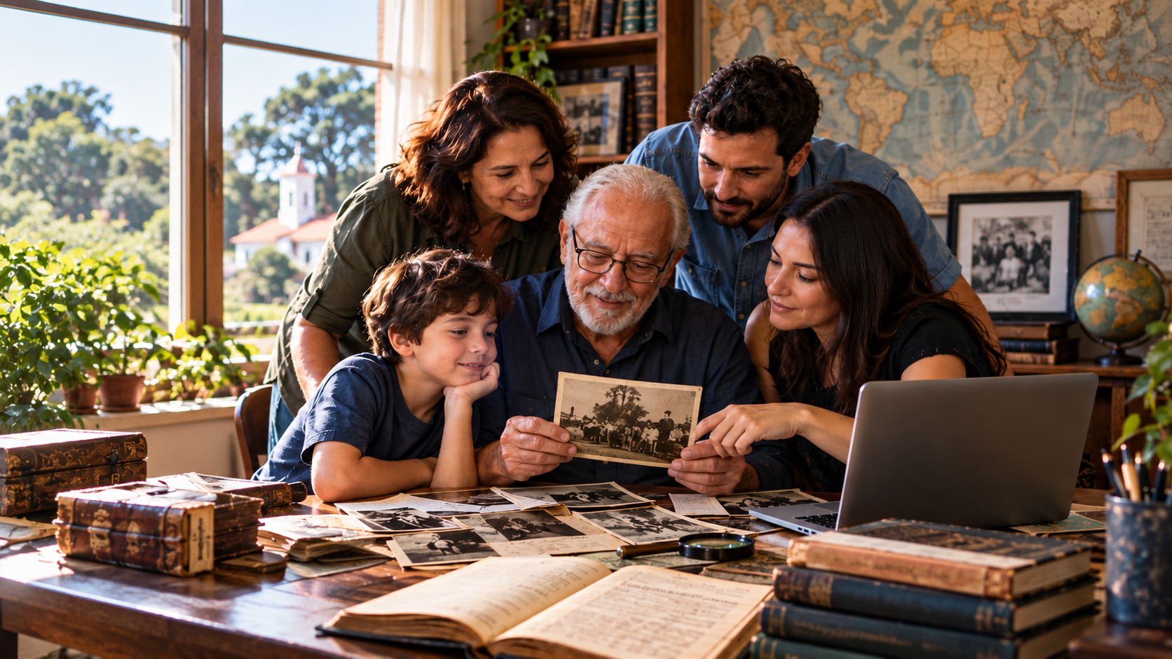 Pessoas de diferentes gerações reunidas à mesa, observando fotografias, livros e documentos familiares.