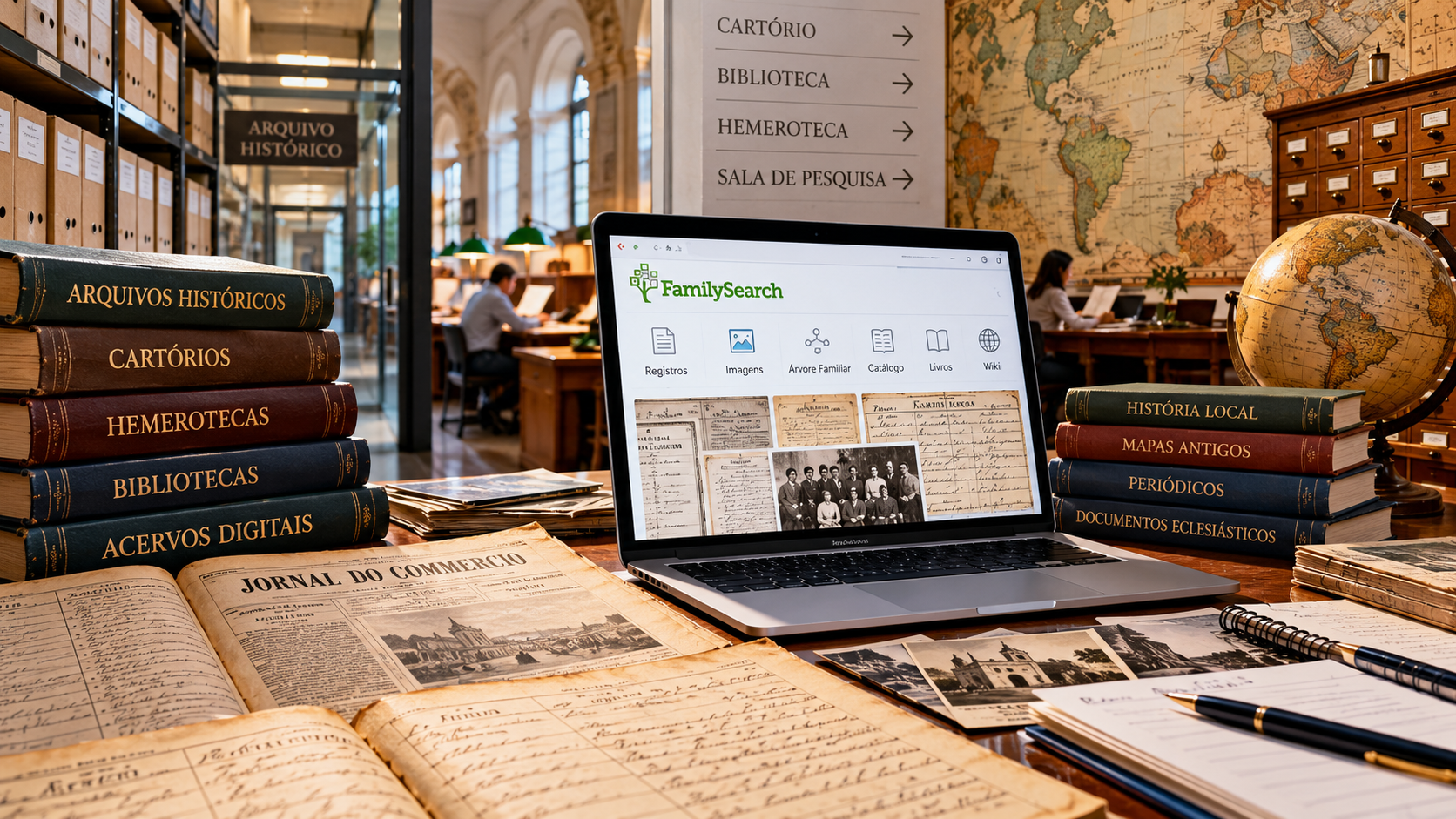 Ambiente de arquivo e biblioteca com livros, periódicos, mapas, documentos históricos e recursos digitais de pesquisa.