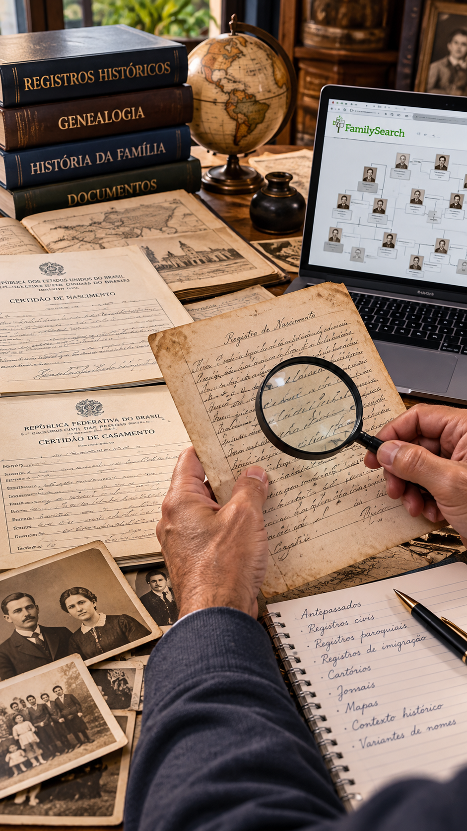 Mãos examinando um registro histórico com lupa, entre documentos, fotografias antigas, anotações e computador com pesquisa genealógica.