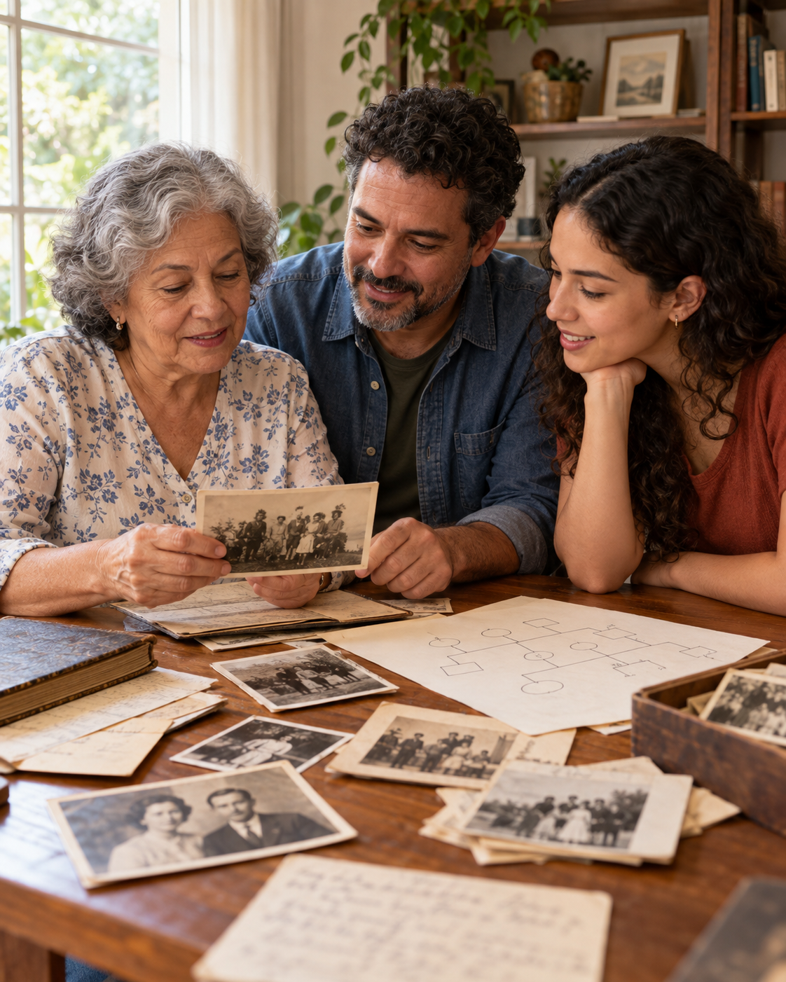 Imagem ilustrativa de três gerações reunidas à mesa, examinando fotografias antigas, documentos e um esquema de relações familiares.